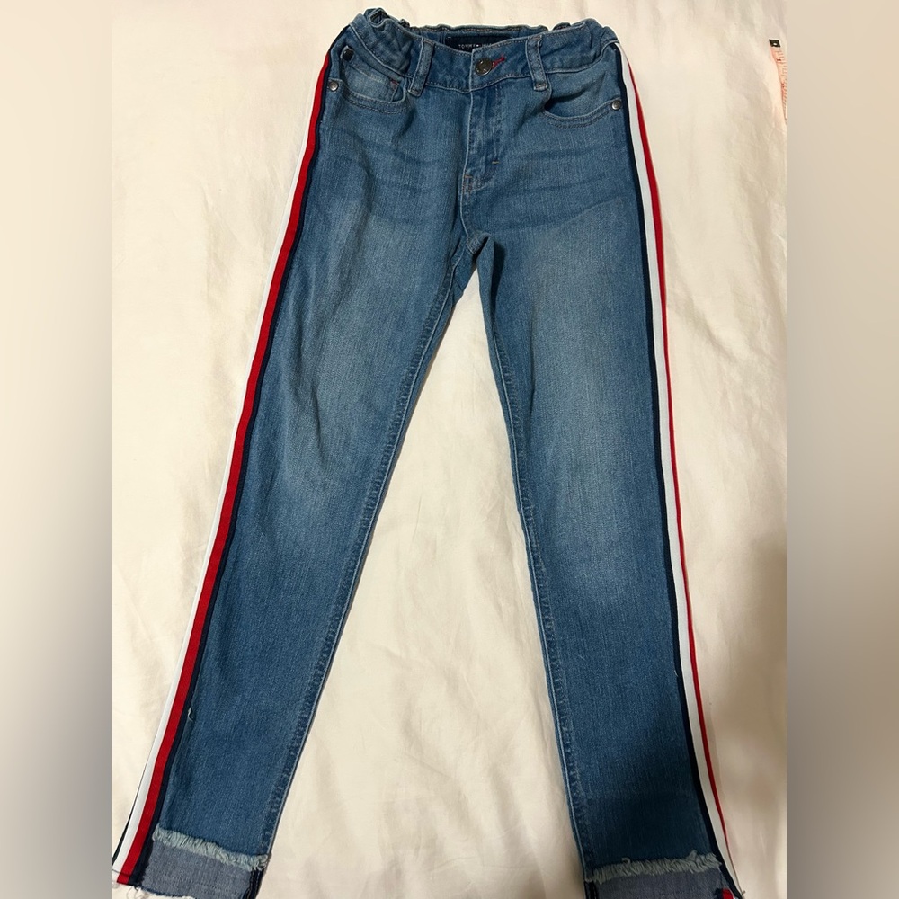 Tommy Hilfiger jeans girls Size 10 with stripes on sides and adjustable waist